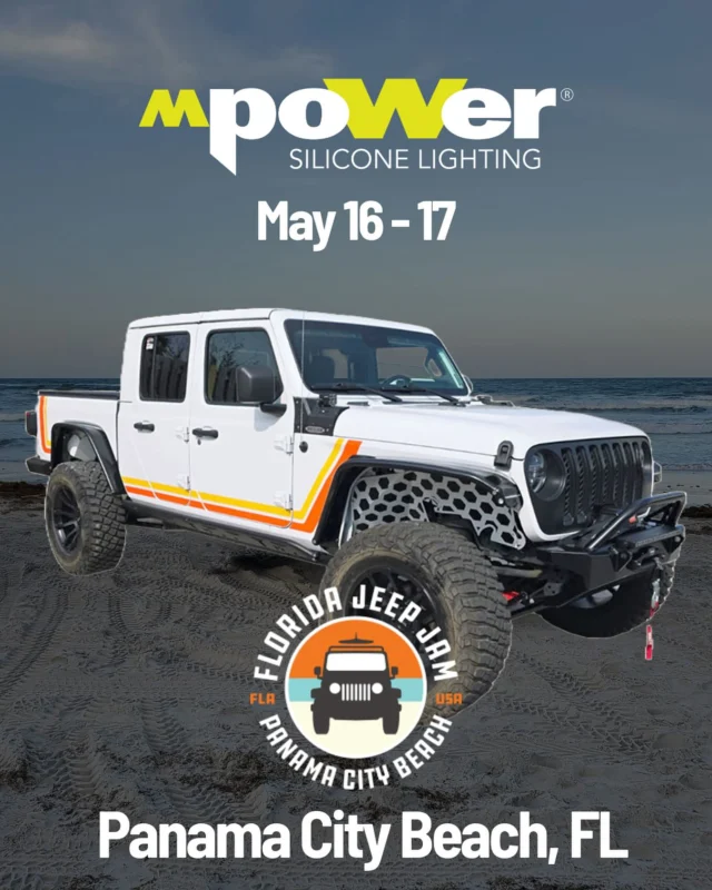 We will be at @floridajeepjam this weekend, May 16-17. Come see the industry’s only silicone lights in person! We also teamed up with the @floridaoffroadfoundation for the Jeep Gladiator giveaway - it’s outfitted with all mpower® lighting! See you guys at the beach. 😎 

#JeepJam